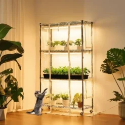 Inomhusväxthus, 4-vånings växtställ med växtlampa, 90x35x150 cm, metall