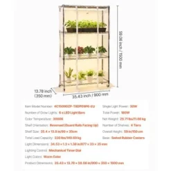 Inomhusväxthus, 4-vånings växtställ med växtlampa, 90x35x150 cm, metall