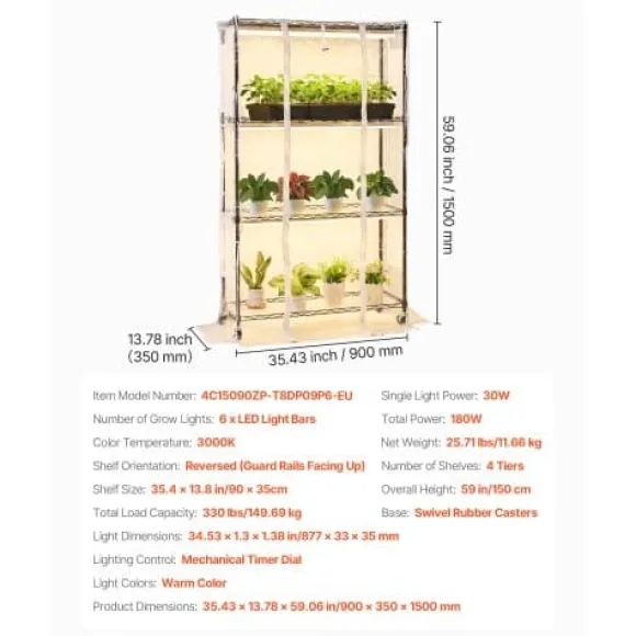 Inomhusväxthus, 4-vånings växtställ med växtlampa, 90x35x150 cm, metall