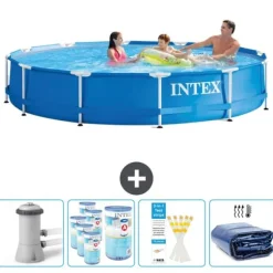 Intex Round Frame Simbassäng - 366 x 76 cm - Blå - Inklusive Tillbehör - CB86