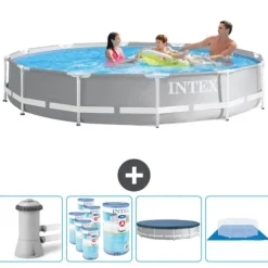 Intex Round Prism Frame Pool - 366 x 76 cm - Grå - Inklusive Tillbehör - CB88