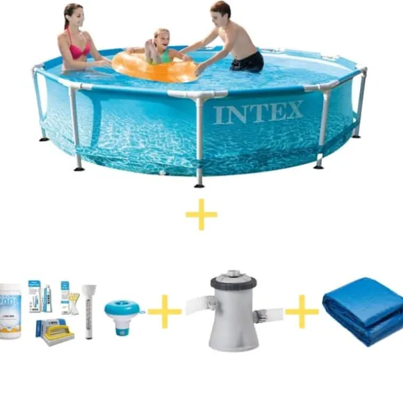 Intex swimmingpool - Metallram - Strandsida - 305 x 76 cm - Inklusive WAYS underhållspaket, filterpump och markduk