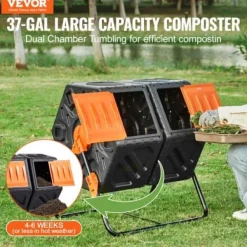 Kompostbehållare, Dubbelfack Komposttunna, 78,5x60,5x79,5 cm, Svart, Stålram