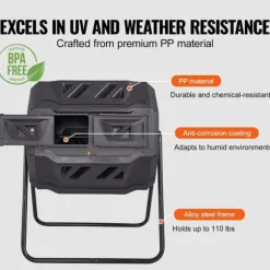 Kompostbehållare, 43-Gal dubbelkammare, stor tumlande kompost med stålram och 2 dörrar, BPA-fri för trädgård och kök.