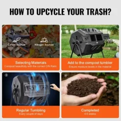 Kompostbehållare, 43-Gal dubbelkammare, stor tumlande kompost med stålram och 2 dörrar, BPA-fri för trädgård och kök.