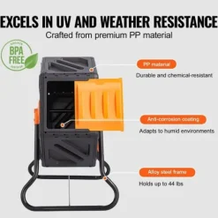 Kompostbehållare 18,5-Gal, kompakt roterande kammare med stålram, BPA-fri för trädgård och kök.