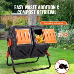 Kompostbehållare, 37-Gal med dubbla kammare, roterande, hög volym, stålram, BPA-fri för trädgård och utomhus.