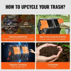 Kompostbehållare, 37-Gal med dubbla kammare, roterande, hög volym, stålram, BPA-fri för trädgård och utomhus.