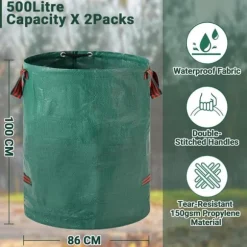 Kraftiga trädgårdsavfallspåsar - 500L x 2-pack Återanvändbara trädgårdsavfallspåsar med handtag
