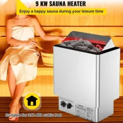 9KW Bastuvärmare 380V-415V Våt&Torr Elektrisk med inbyggd kontrollenhet i rostfritt stål.