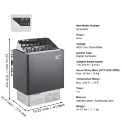 6KW Elektrisk Bastuvärmare, Spis med Digital Kontroller, för 5-9 m³ Hem Spa