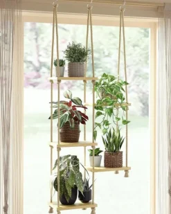 5-lagers Makramé Hängande Växthylla för Fönster – Handgjord Växtställning & Inomhus Växthållare