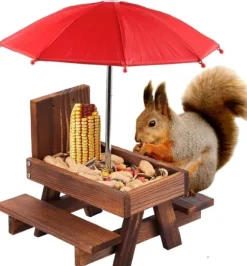 Lollanda Bordssats för ekorre – utomhus picknickbord med parasoll för fågel- och ekorrmatning, dekorativ trädgårdsstation