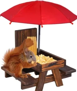Lollanda Bordssats för ekorre – utomhus picknickbord med parasoll för fågel- och ekorrmatning, dekorativ trädgårdsstation