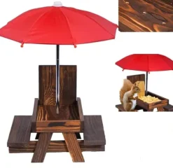 Lollanda Bordssats för ekorre – utomhus picknickbord med parasoll för fågel- och ekorrmatning, dekorativ trädgårdsstation