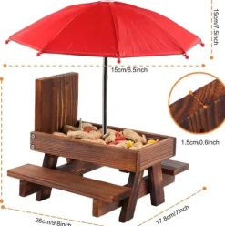 Lollanda Ekorre matare – trä foderautomat för ekorrar utomhus med parasoll, picknickbord, bordssats för ekorrar, robust och pålitlig