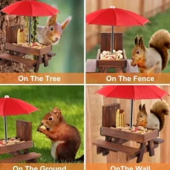 Lollanda Ekorre matare – trä foderautomat för ekorrar utomhus med parasoll, picknickbord, bordssats för ekorrar, robust och pålitlig