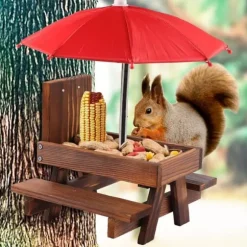 Lollanda Ekorre matare – trä foderautomat för ekorrar utomhus med parasoll, picknickbord, bordssats för ekorrar, robust och pålitlig
