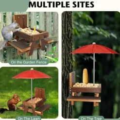 Lollanda Ekorre matare – trä foderautomat för ekorrar utomhus med parasoll, picknickbord, bordssats för ekorrar, robust och pålitlig