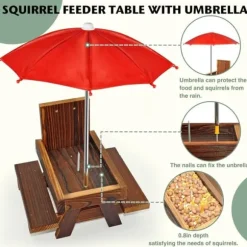 Lollanda Ekorre matare – trä foderautomat för ekorrar utomhus med parasoll, picknickbord, bordssats för ekorrar, robust och pålitlig