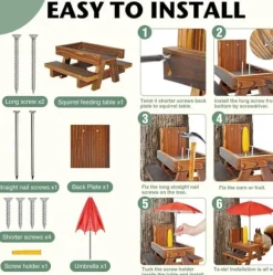 Lollanda Ekorre matare – trä foderautomat för ekorrar utomhus med parasoll, picknickbord, bordssats för ekorrar, robust och pålitlig