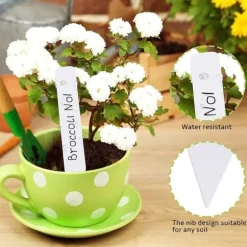 Lollanda 300-pack växtetiketter – 10 cm plastmärkningspinnar för trädgård, med vattentålig permanent märkpenna för plantskolor, vit