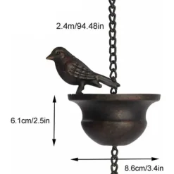 2.4m Bronsfärgade Fågel Regnkedja - Dekorativ Hängränna i Järn för Trädgård och Uteplats