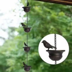 2.4m Bronsfärgade Fågel Regnkedja - Dekorativ Hängränna i Järn för Trädgård och Uteplats