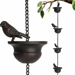 2.4m Bronsfärgade Fågel Regnkedja - Dekorativ Hängränna i Järn för Trädgård och Uteplats