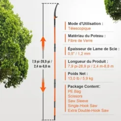 Manuell grensåg, 2,2-8,2 m teleskopisk, stålklinga, glasfiberhandtag
