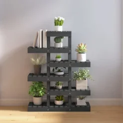 Massivt furuväxtställ med hyllor - Växtdekoration | Färg: Grå | Storlek: 85x25x109,5 cm