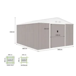 Metallisk trädgårdsförråd 12,99 m² - 340 x 382 x 210 cm - NEPTUNE - Ankar kit inkluderat, 2 skjutdörrar - Taupe