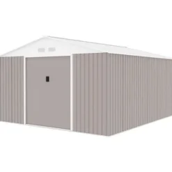 Metallisk trädgårdsförråd 12,99 m² - 340 x 382 x 210 cm - NEPTUNE - Ankar kit inkluderat, 2 skjutdörrar - Taupe