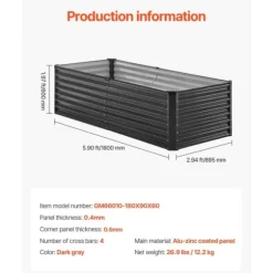 Metallisk Upphöjd Trädgårdssäng, 6x3x2ft Modell, Utomhus Galvaniserad Planteringslåda, Mörkgrå Färg