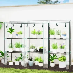 Mini växthus - Trädgårdsväxthus - 3 hyllplan - Transparent överdrag - Vattentät - Kompakt - Vit