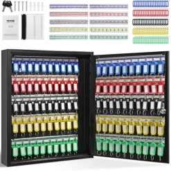 100-nyckelskåp med justerbara ställ och färgglada nyckelbrickor för enkel nyckelhantering.