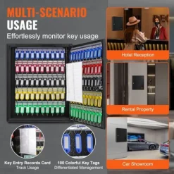 100-nyckelskåp med justerbara ställ och färgglada nyckelbrickor för enkel nyckelhantering.