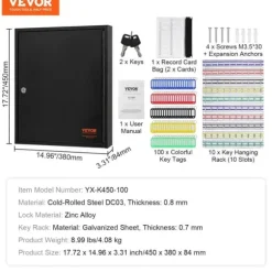 100-nyckelskåp med justerbara ställ och färgglada nyckelbrickor för enkel nyckelhantering.