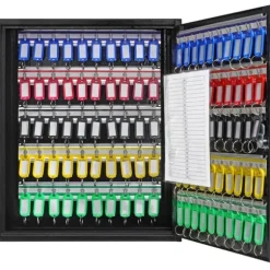 100-nyckelskåp med justerbara ställ och färgglada nyckelbrickor för enkel nyckelhantering.