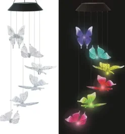 OBOSOE Fjäril Solcellsdriven Vindspel – Färgglad LED Belysning, IP44 Vattentät Dekoration för Trädgård & Uteplats