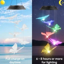 OBOSOE Fjäril Solcellsdriven Vindspel – Färgglad LED Belysning, IP44 Vattentät Dekoration för Trädgård & Uteplats