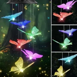 OBOSOE Fjäril Solcellsdriven Vindspel – Färgglad LED Belysning, IP44 Vattentät Dekoration för Trädgård & Uteplats