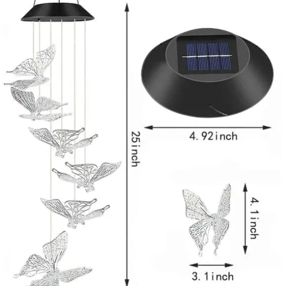 OBOSOE Fjäril Solcellsdriven Vindspel – Färgglad LED Belysning, IP44 Vattentät Dekoration för Trädgård & Uteplats