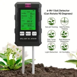 OBOSOE 6-i-1 Digital Jordtester – LCD Skärm med Bakgrundsbelysning, Mäter Fuktighet, pH, Temperatur, Solljus, Luftfuktighet, Näringsämnen