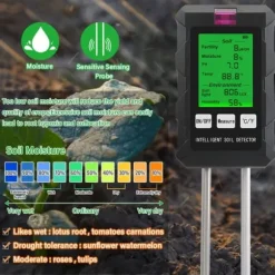 OBOSOE 6-i-1 Digital Jordtester – LCD Skärm med Bakgrundsbelysning, Mäter Fuktighet, pH, Temperatur, Solljus, Luftfuktighet, Näringsämnen