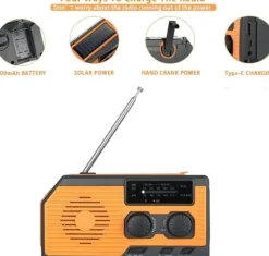 OBOSOE Nödradio Vevradio 5000mAh med Solcell & NOAA, Väderradio med LED-ficklampa för Camping