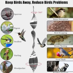 OBOSOE 4-Pack Reflekterande Fågelskrämma i Metall – 3D Vindspel med 12 Skivor för Balkong & Trädgård