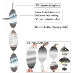 OBOSOE 4-Pack Reflekterande Fågelskrämma i Metall – 3D Vindspel med 12 Skivor för Balkong & Trädgård