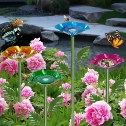 OBOSOE 4-Pack Utomhus Trädgårdsdekoration - Metalliska Fågelmatare / Bin & Fjärils Vattenstation, Insektsbad & Fågelfröskål