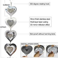OBOSOE 3-Pack Vindspel Fågelskrämma – Reflekterande Hjärtformad Dekoration för Trädgård och Altan